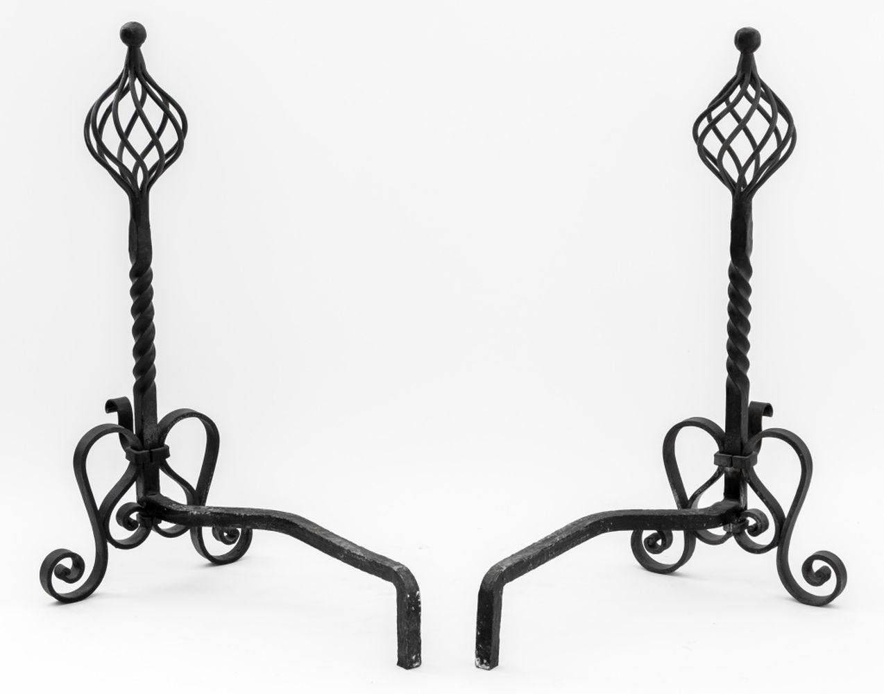 Gothic Revival Wrought Iron Andirons, Pair For Sale 1