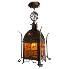 Gothic Revival Wrought Iron Pendant Lantern with Amber Glass Panels, Early 20th