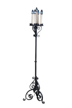 Gothic Revival Wrought Iron Torchiere Candelabra Candlestick Floor Lamp 70"