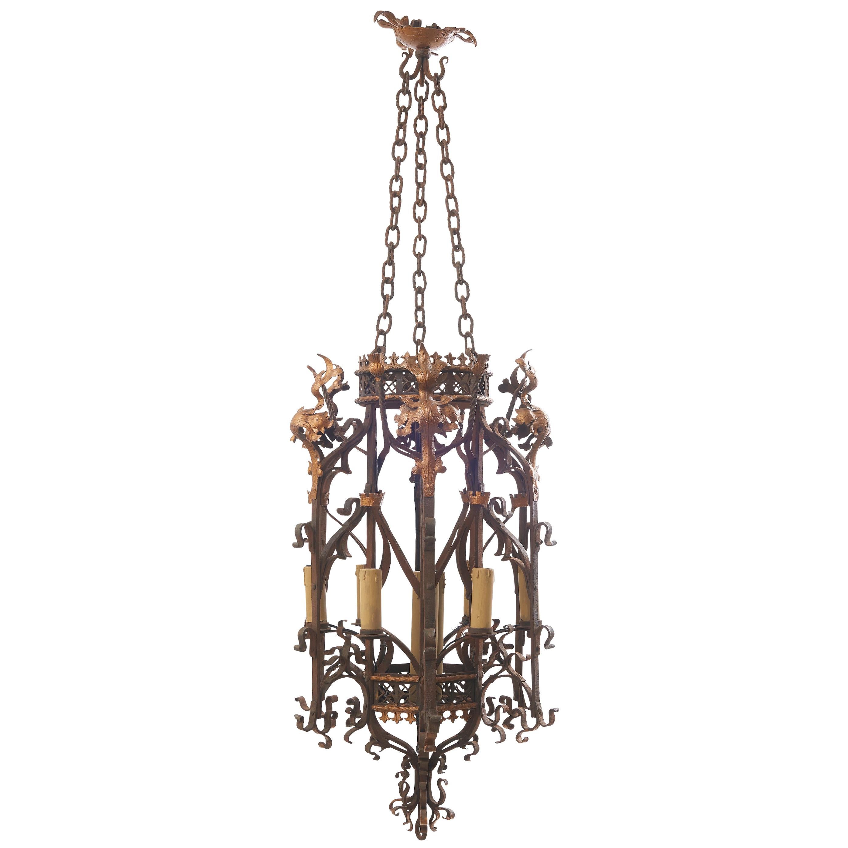 Gothic Revivalist Style Wrought Iron Lantern, French, circa 1900 For Sale