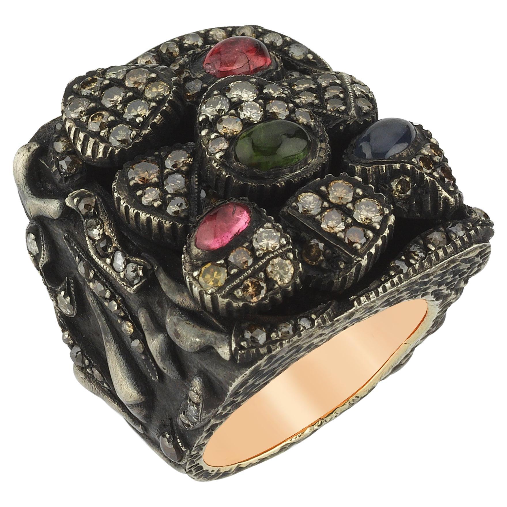 Silver and Gold Gothic  Ring with Cabochon Tourmalines and Champagne Diamonds For Sale