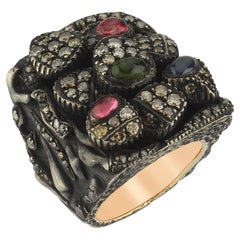 Silber- und Gold-Gotik  Ring mit Cabochon-Turmalinen und Champagner-Diamanten