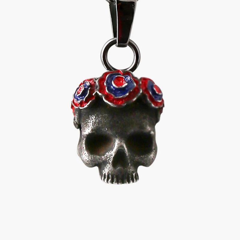 Gothic Rose Skull Necklace in Black IP Plated Stainless Steel

These gothic rose skull pendants are inspired by and created in collaboration with the Grateful Dead band. They feature a stainless steel skull pendant with a crown of rose's, with red