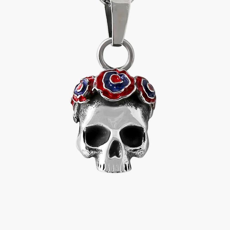Gothic Rose Skull Necklace in IP Plated Stainless Steel

These gothic rose skull pendants are inspired by and created in collaboration with the Grateful Dead band. They feature a stainless steel skull pendant with a crown of roseâ€™s, with red and