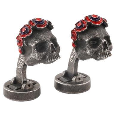 Gothic Roses Skull Cufflinks in Black IP Plated Stainless Steel For Sale