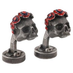 Gothic Roses Skull Cufflinks in Black IP Plated Stainless Steel