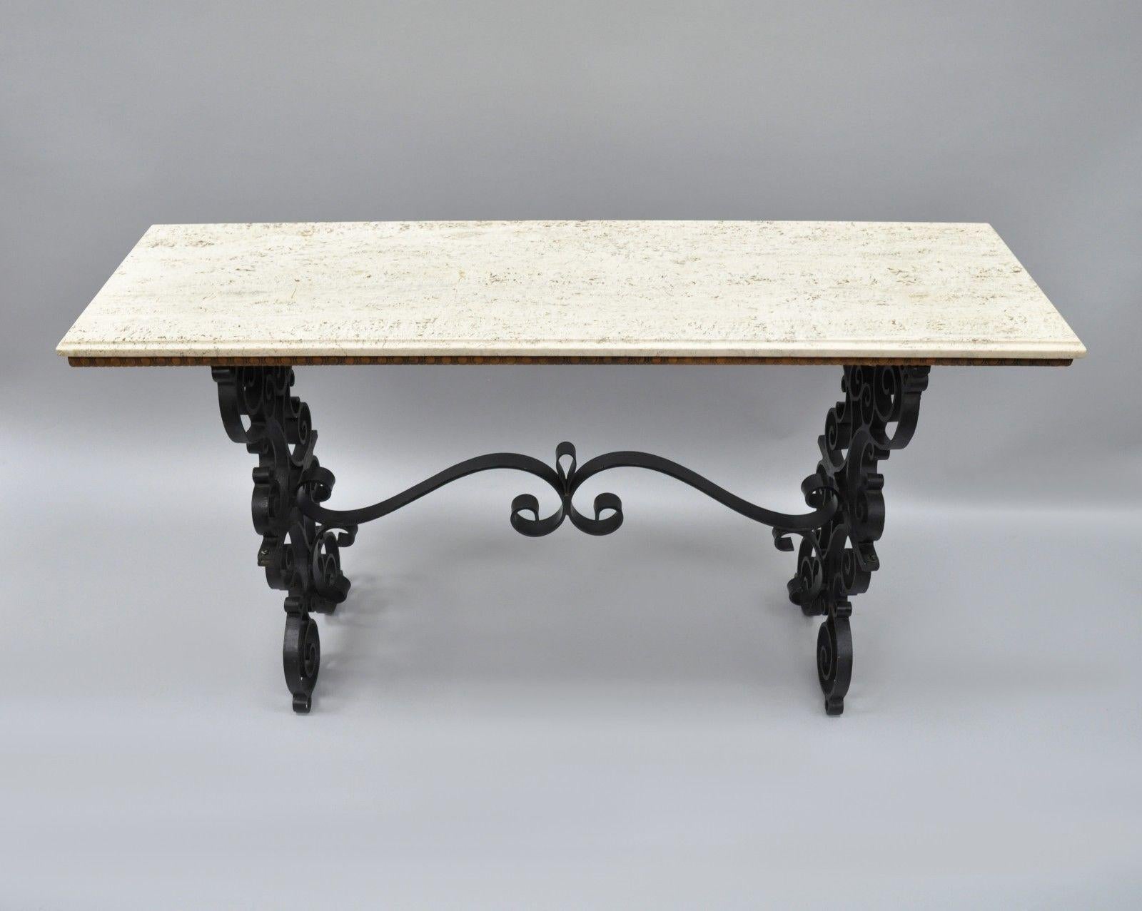 Gothic Scrolling Wrought Iron Console Hall Pastry Sofa Table Travertine Top 5