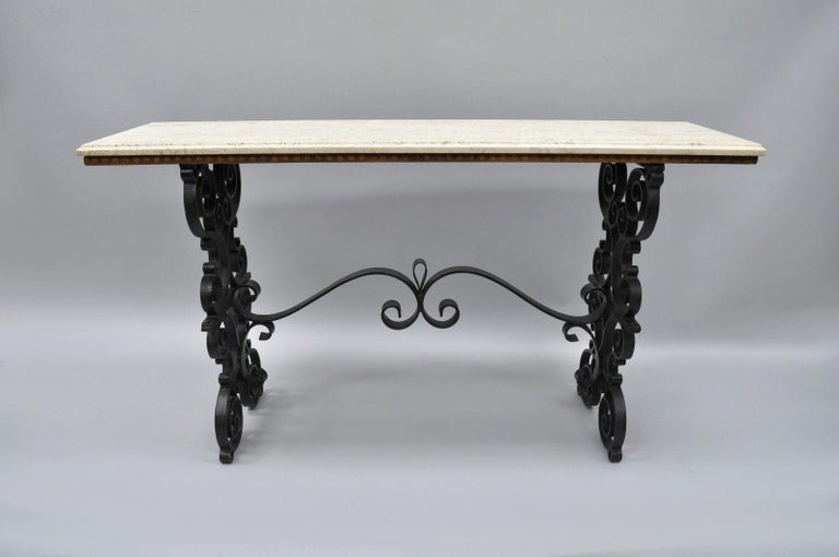 Gothic Scrolling Wrought Iron Console Hall Pastry Sofa Table Travertine Top At 1stdibs - Wrought Iron Sofa Table Base Gothic Scrolling Wrought Iron Console Hall Pastry Sofa Table Travertine Top At 1stdibs - Wrought Iron Sofa Table Base