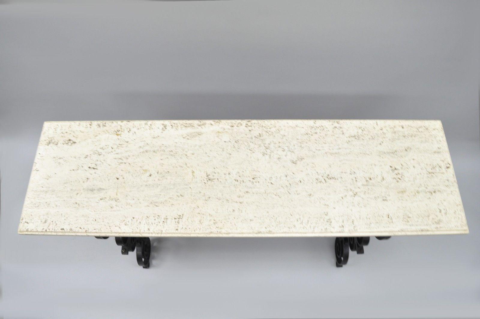 Gothic Scrolling Wrought Iron Console Hall Pastry Sofa Table Travertine Top In Good Condition In Philadelphia, PA