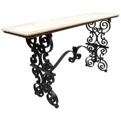 Gothic Scrolling Wrought Iron Console Hall Pastry Sofa Table Travertine Top