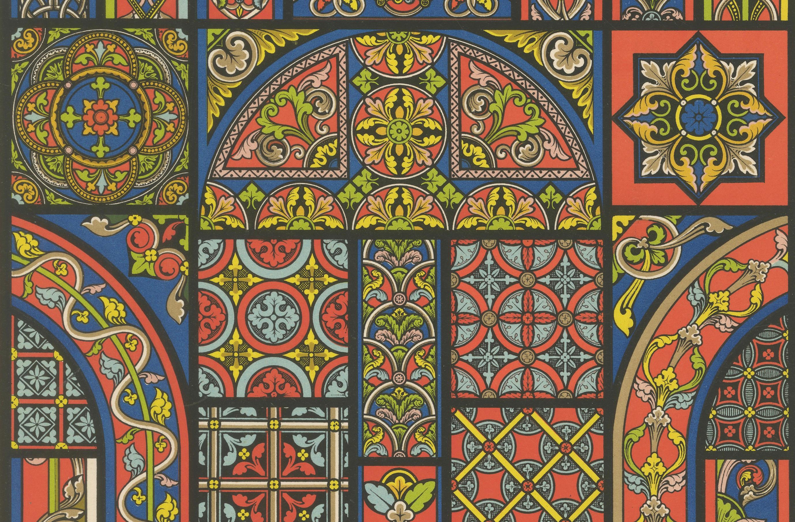 Motifs de vitraux gothiques - Designs de fenêtres décoratives du Moyen Âge, c.1869

Cette étonnante chromolithographie, planche XLIV de L'Ornement Polychrome, présente une éblouissante collection de dessins de vitraux gothiques tirés de la période