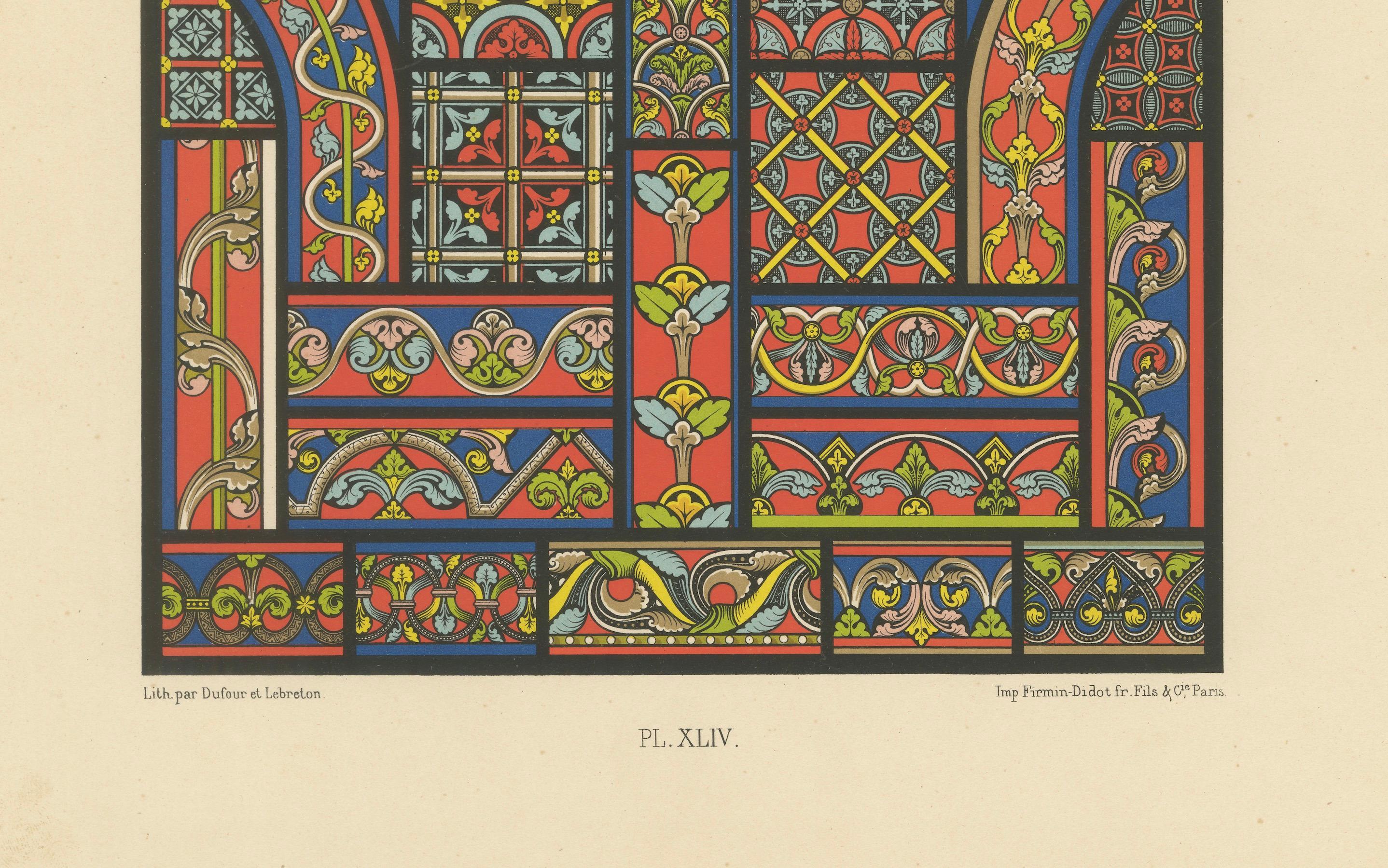 Français Motifs de vitraux gothiques - Designs de fenêtres décoratives du Moyen Âge, c.1869 en vente