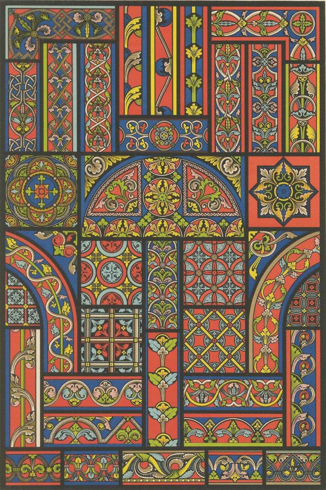 XIXe siècle Motifs de vitraux gothiques - Designs de fenêtres décoratives du Moyen Âge, c.1869 en vente