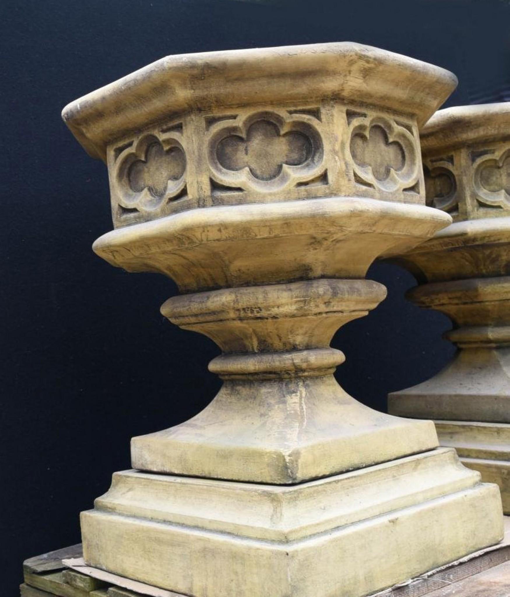 Gothic Stone Garden Urns - Octagonal on Pedestal Base Architectural 6