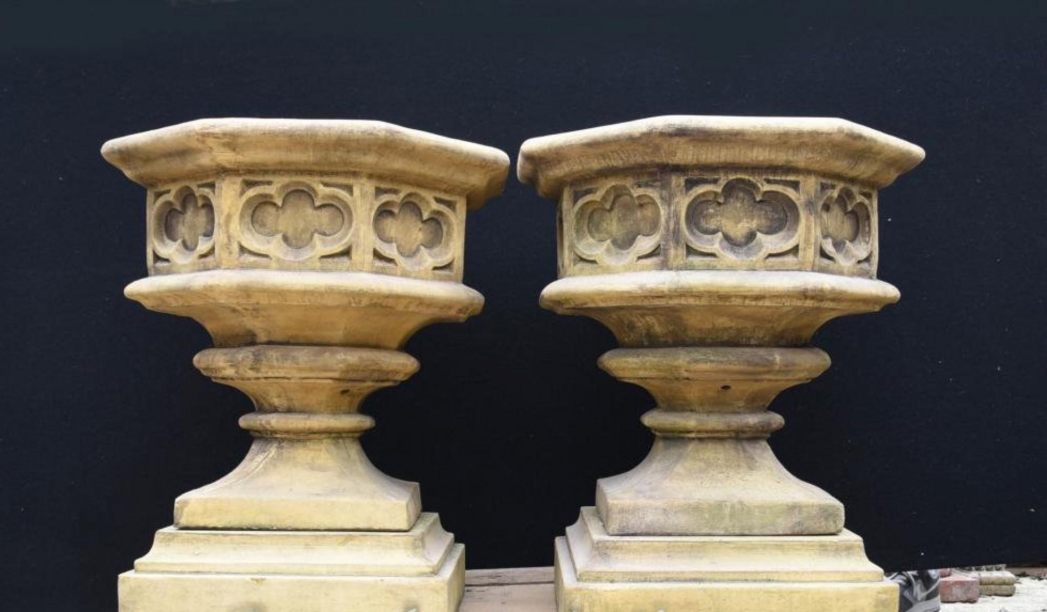 Gothic Stone Garden Urns - Octagonal on Pedestal Base Architectural 7