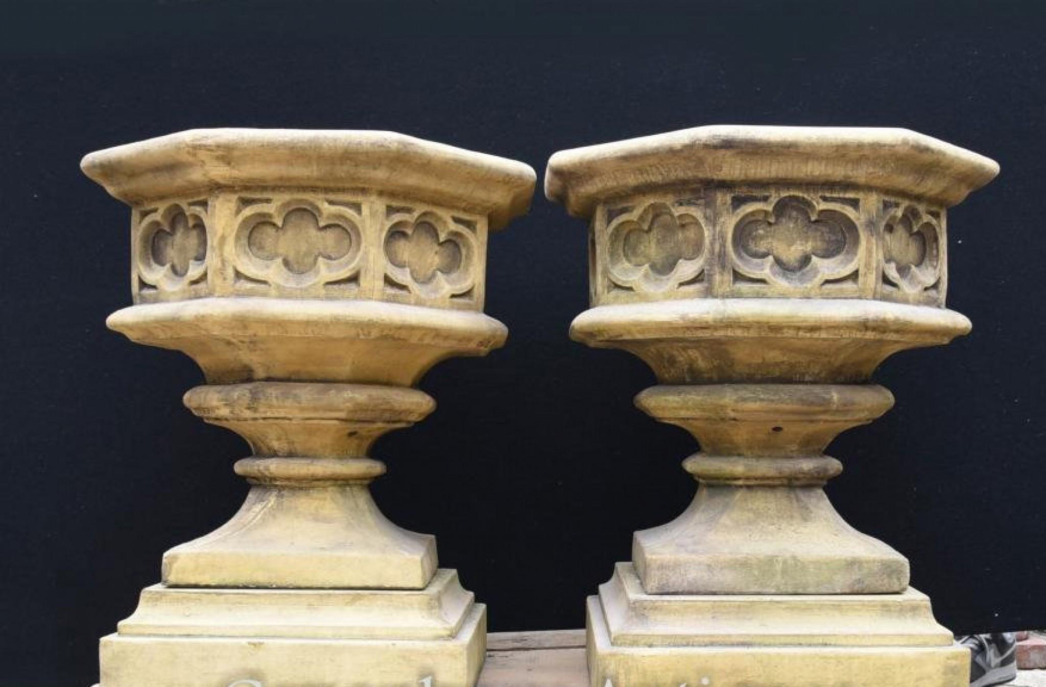 Gothic Stone Garden Urns - Octagonal on Pedestal Base Architectural 8