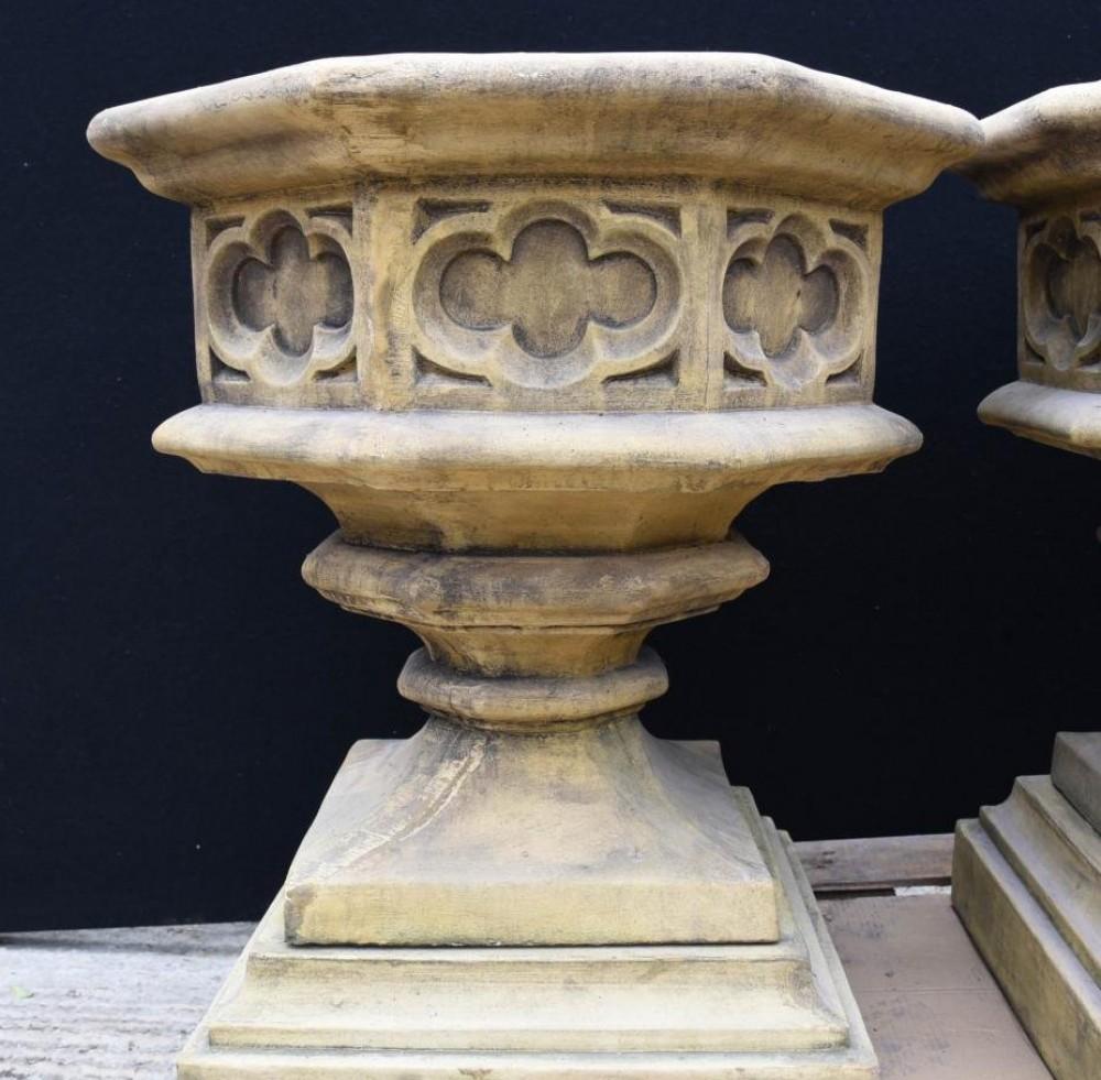 Gothic Stone Garden Urns - Octagonal on Pedestal Base Architectural In Good Condition For Sale In Potters Bar, GB