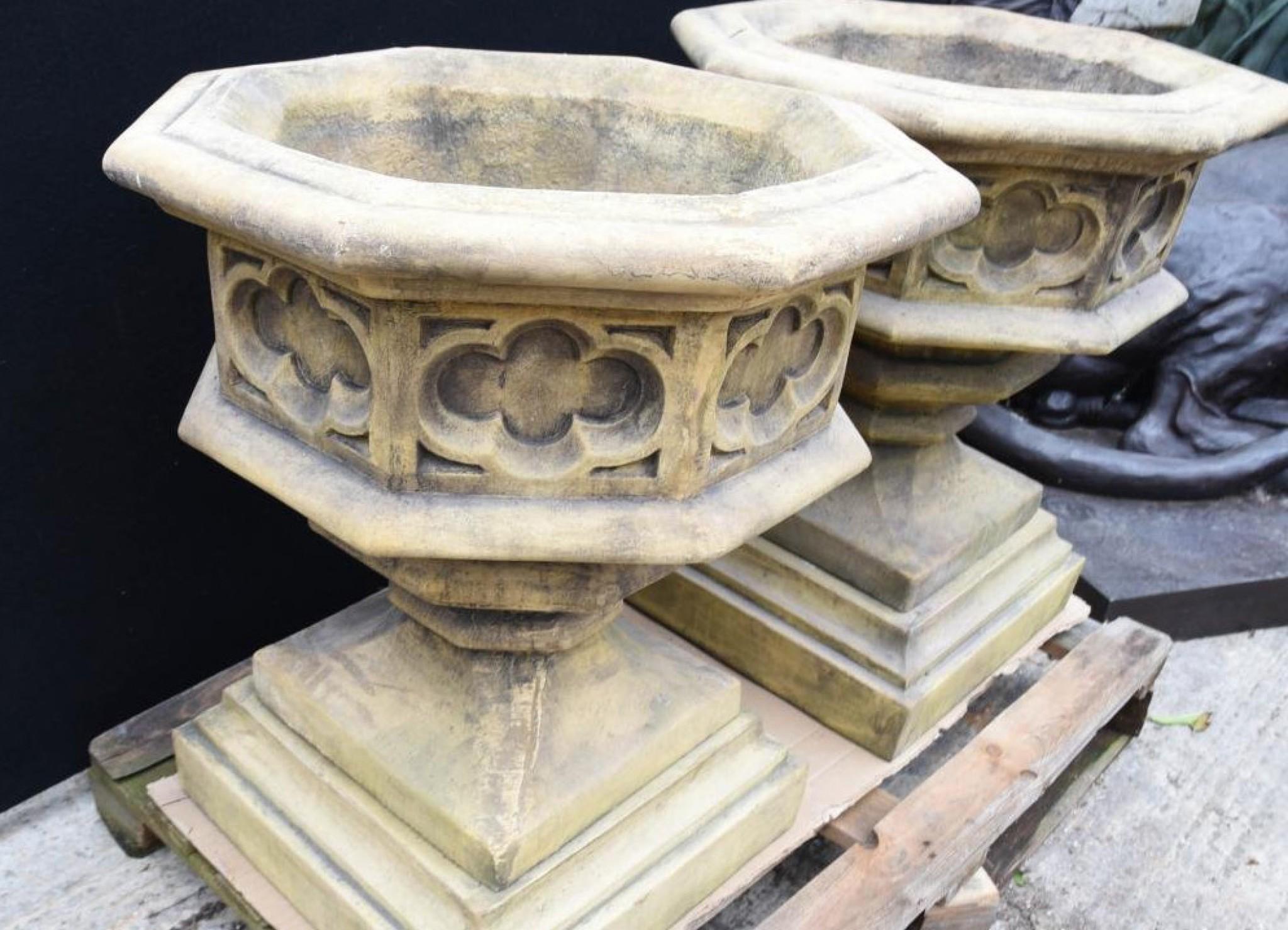 Late 20th Century Gothic Stone Garden Urns - Octagonal on Pedestal Base Architectural For Sale