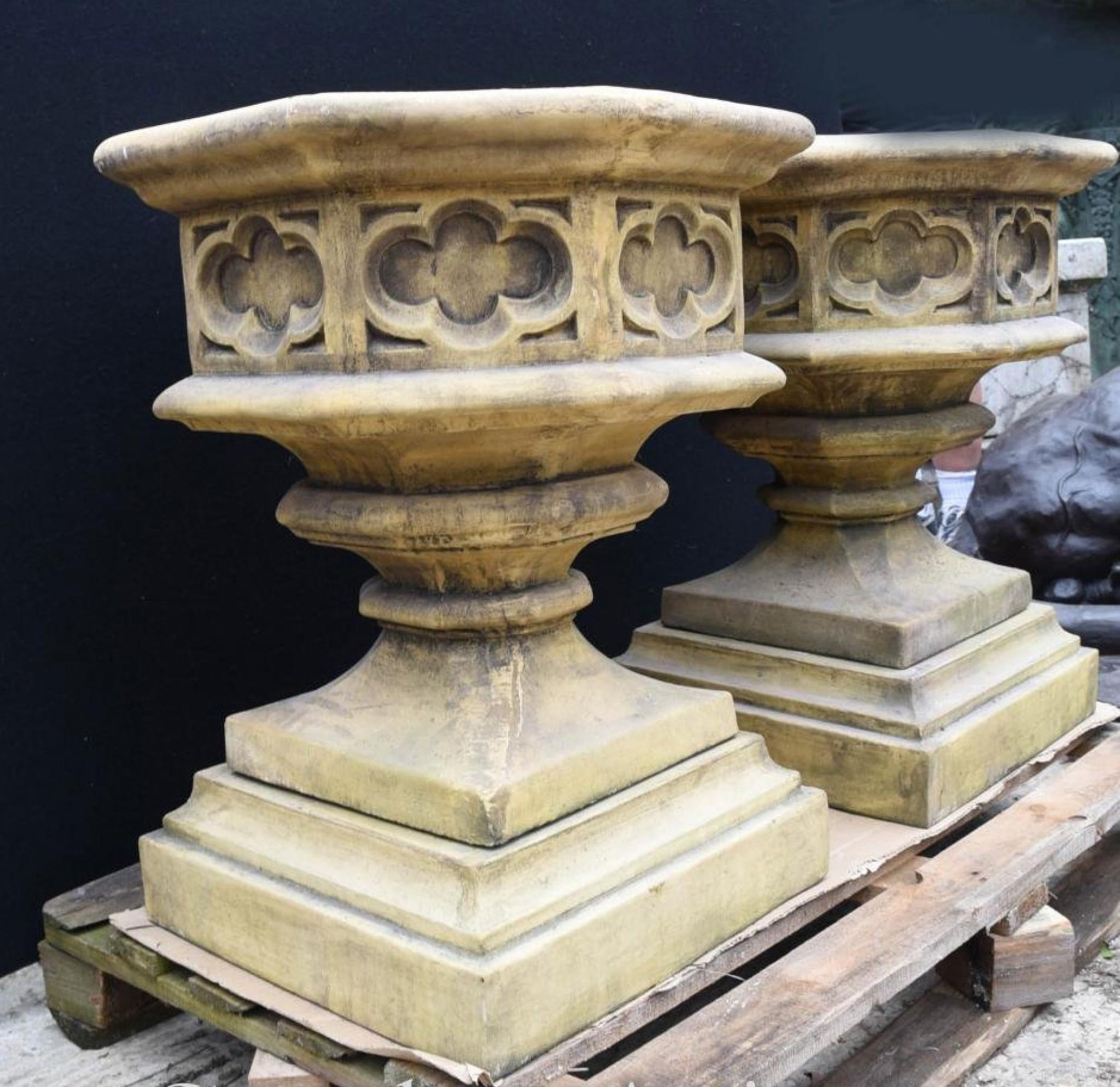 Late 20th Century Gothic Stone Garden Urns - Octagonal on Pedestal Base Architectural