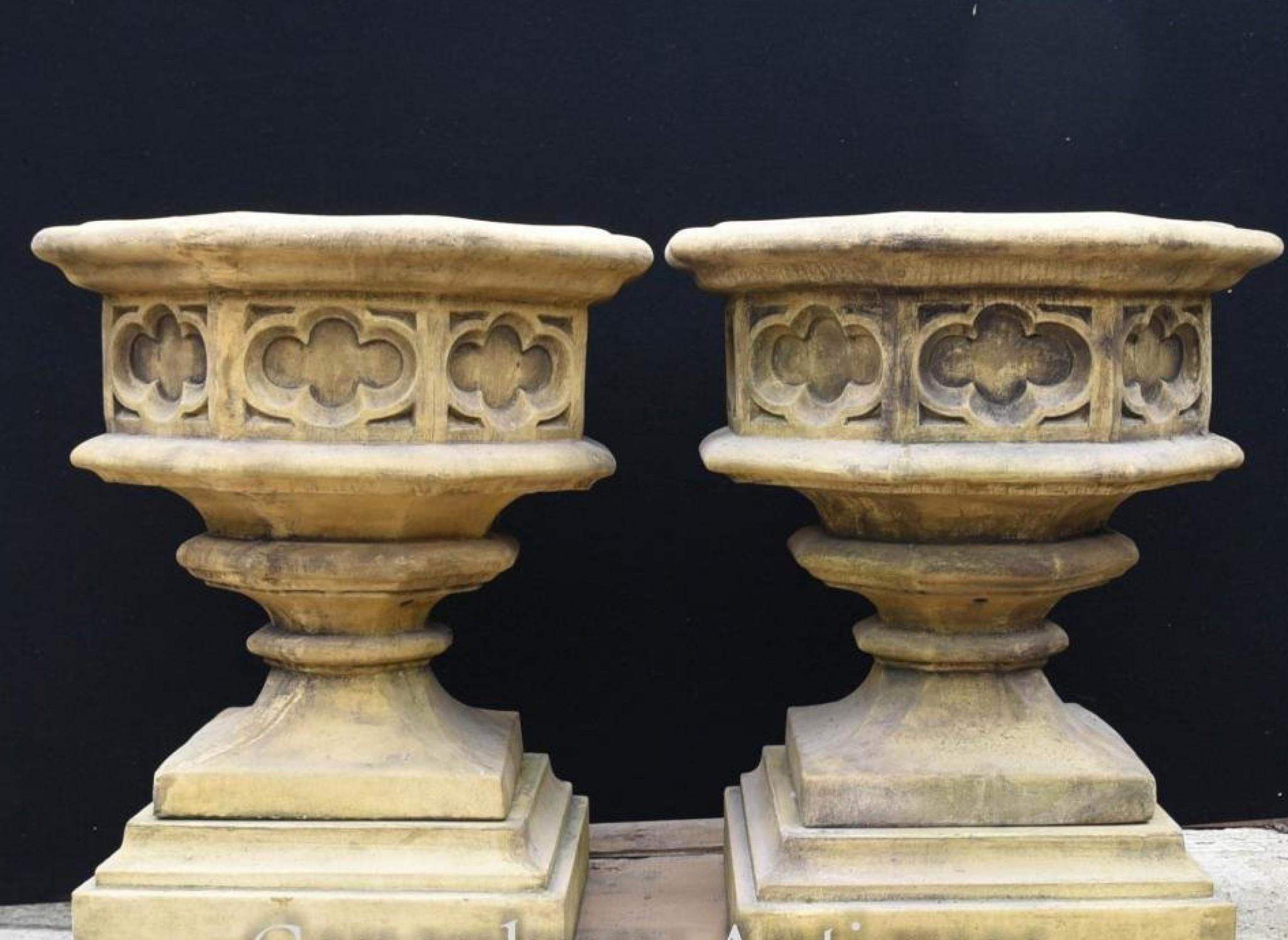 Gothic Stone Garden Urns - Octagonal on Pedestal Base Architectural 1
