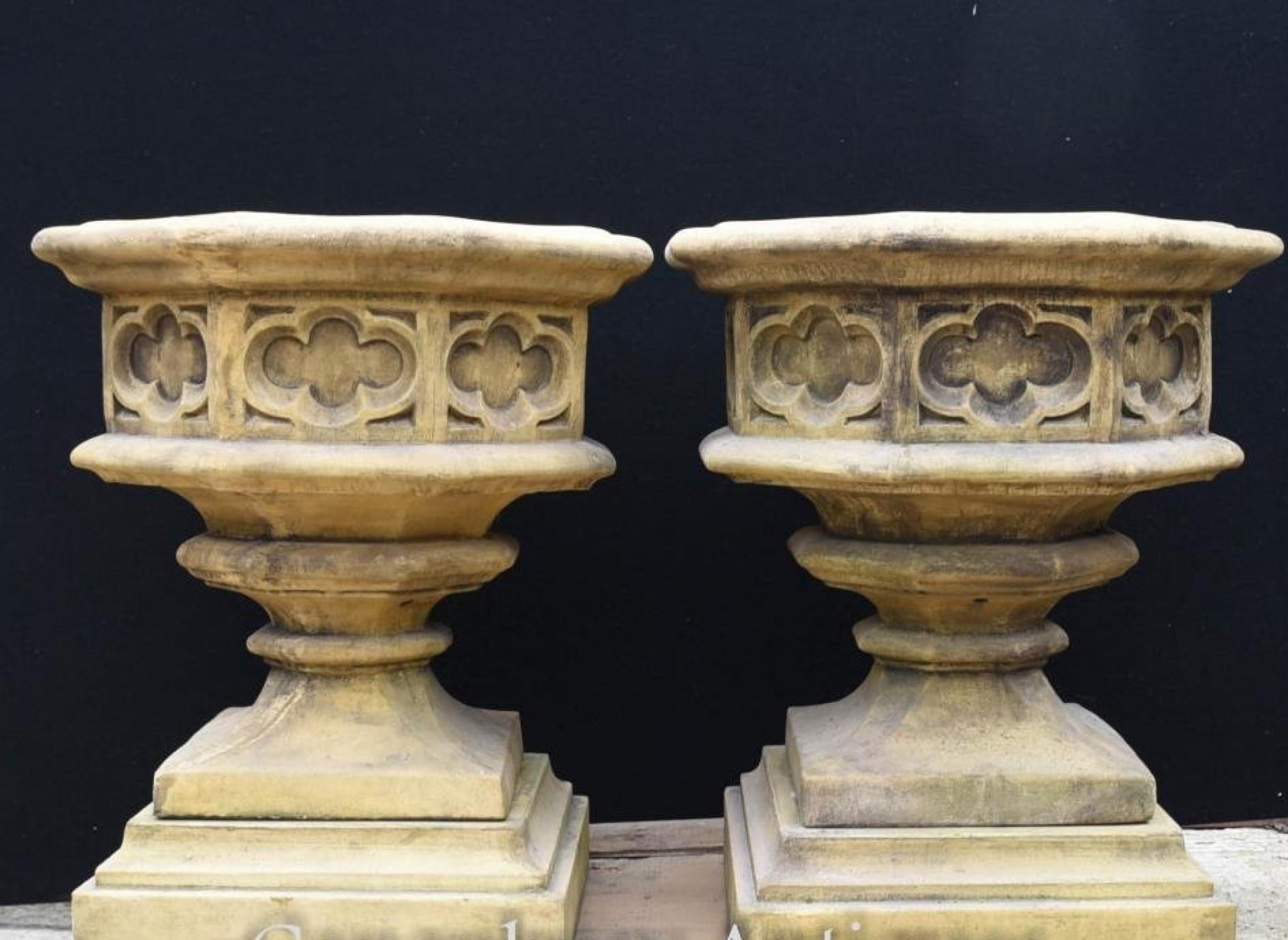 Gothic Stone Garden Urns - Octagonal on Pedestal Base Architectural For Sale 2