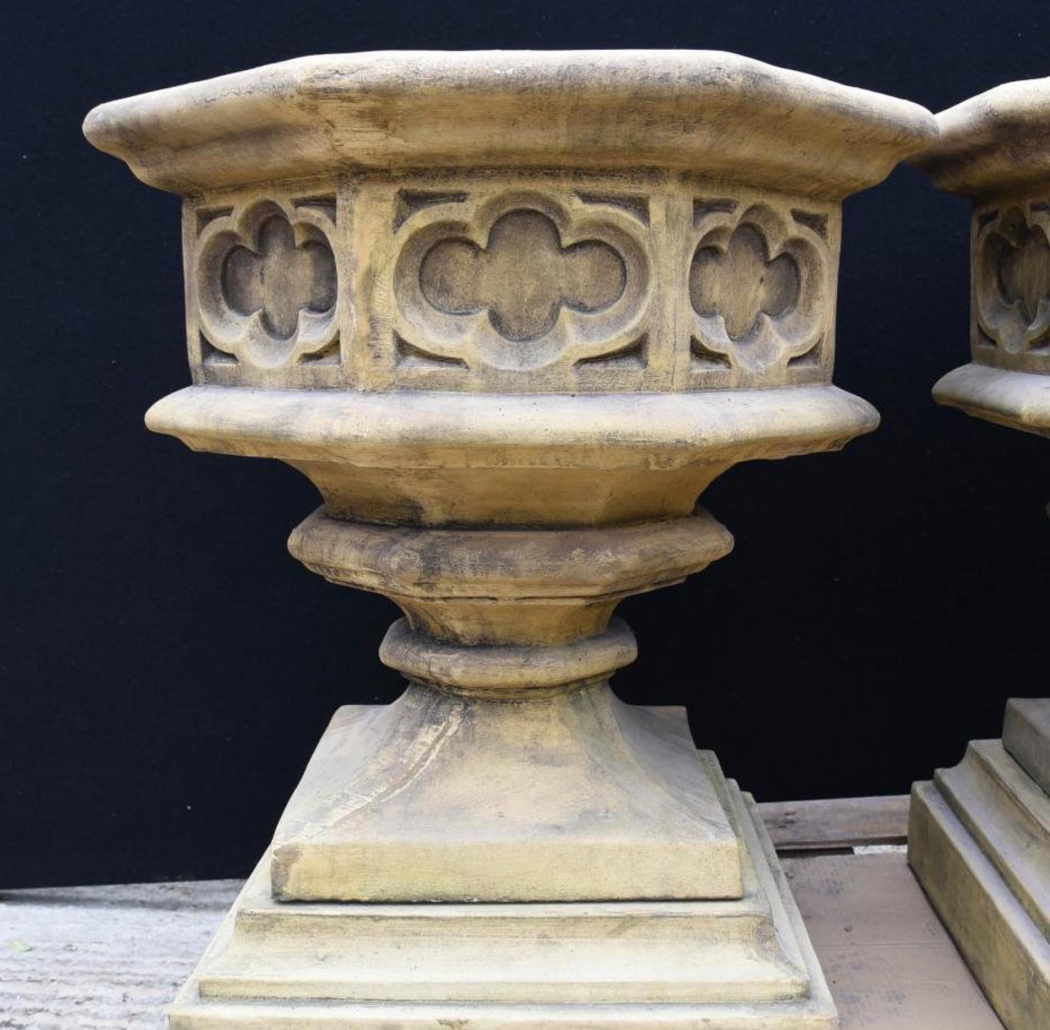 Gothic Stone Garden Urns - Octagonal on Pedestal Base Architectural 2