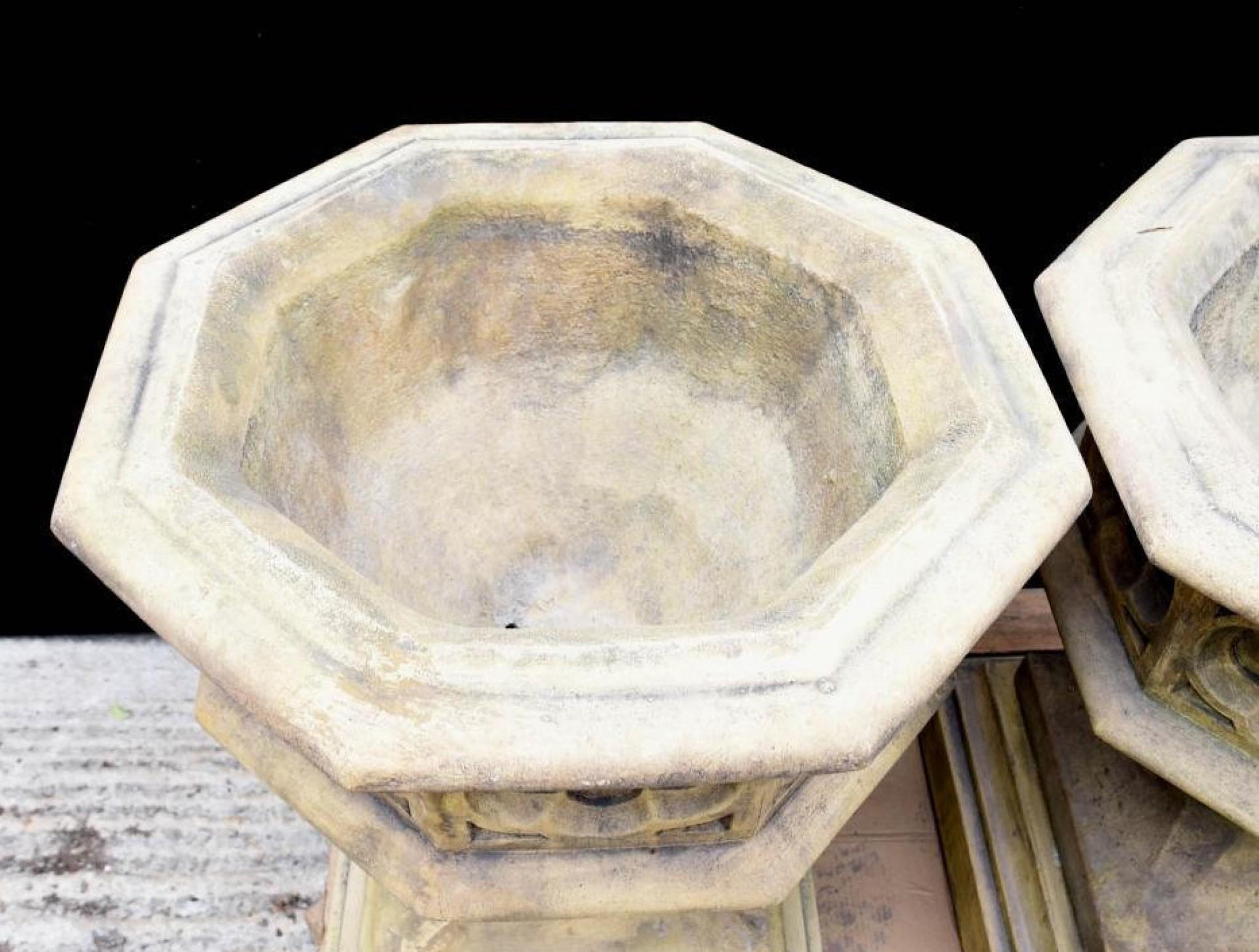 Gothic Stone Garden Urns - Octagonal on Pedestal Base Architectural 3
