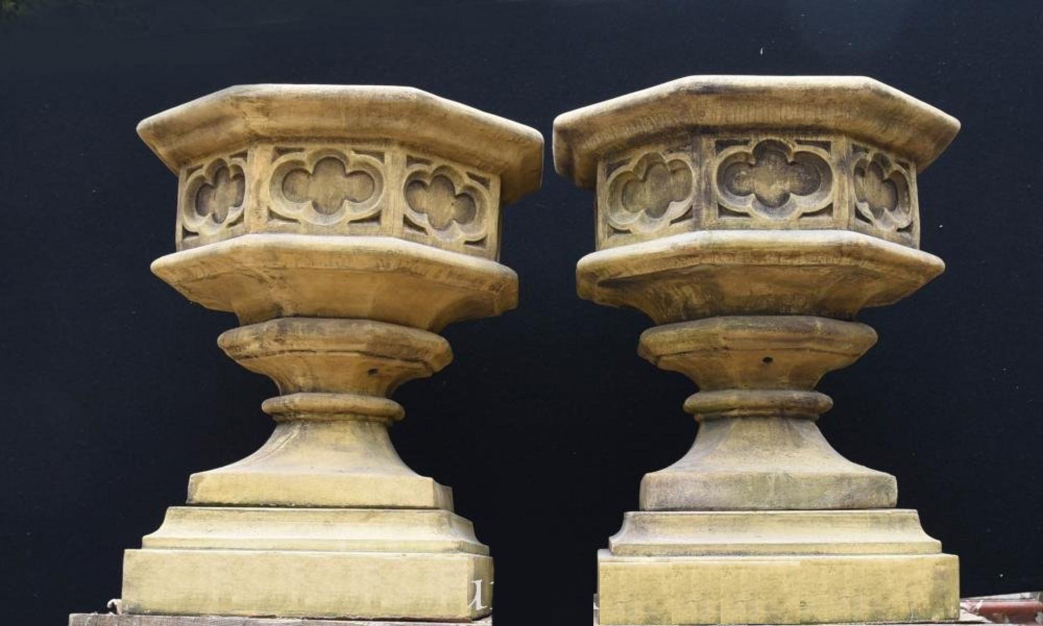 Gothic Stone Garden Urns - Octagonal on Pedestal Base Architectural 4