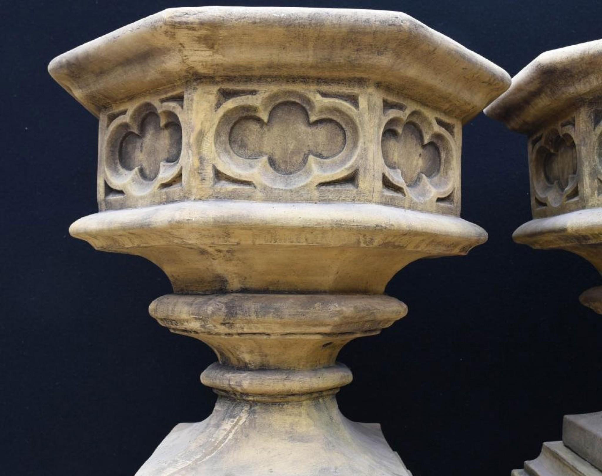 Gothic Stone Garden Urns - Octagonal on Pedestal Base Architectural 5