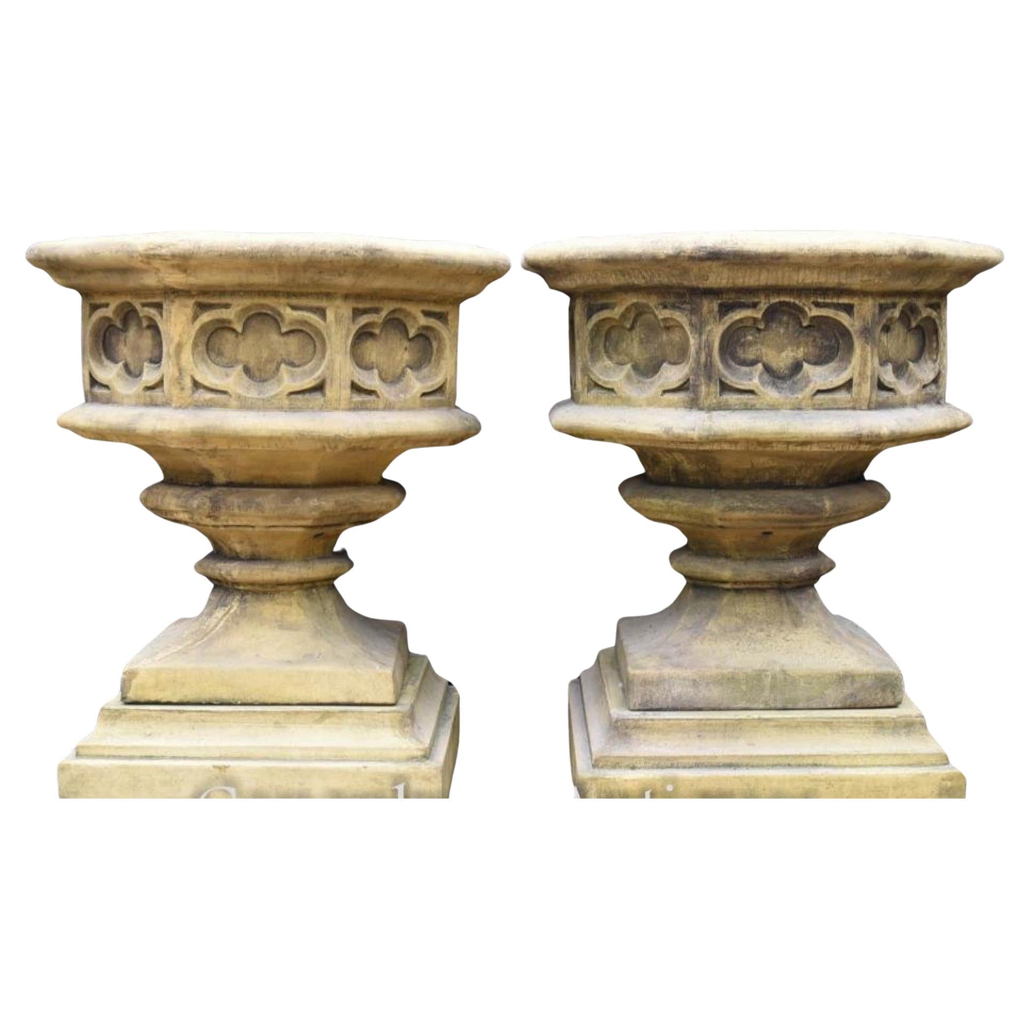 Gothic Stone Garden Urns - Octagonal on Pedestal Base Architectural For Sale