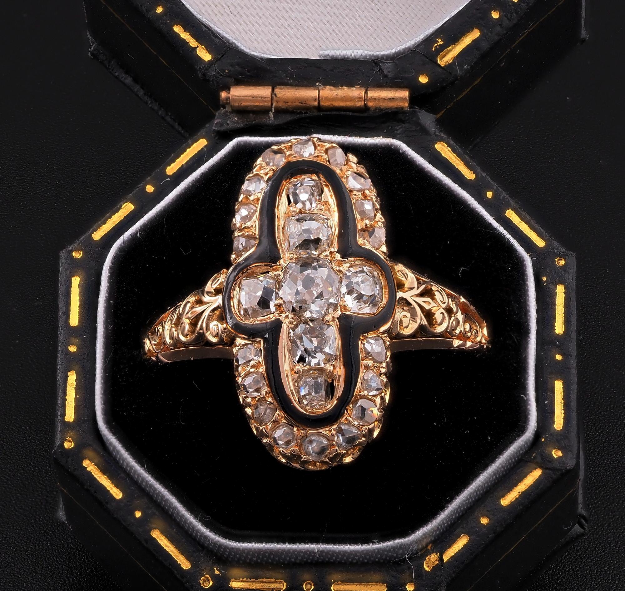 Gothic Cross
This outstanding Gothic inspired, custom made vintage ring is artful hand crafted of solid 14 Kt gold, marked inside with assay and maker marks, it was made on commission during 1950 ca
Richly detailed under-gallery, deeply engraved