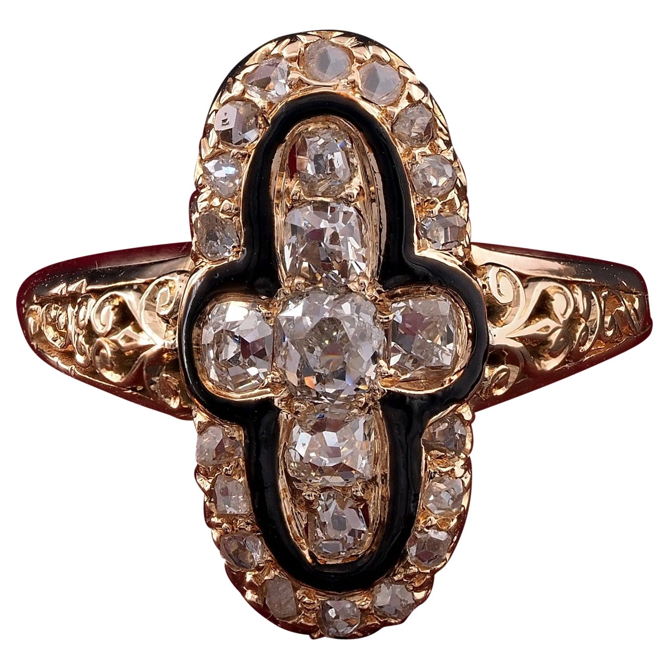 Anillo Raro Estilo Gótico 1.35 Ct Diamante Mina Antigua 14 KT en venta
