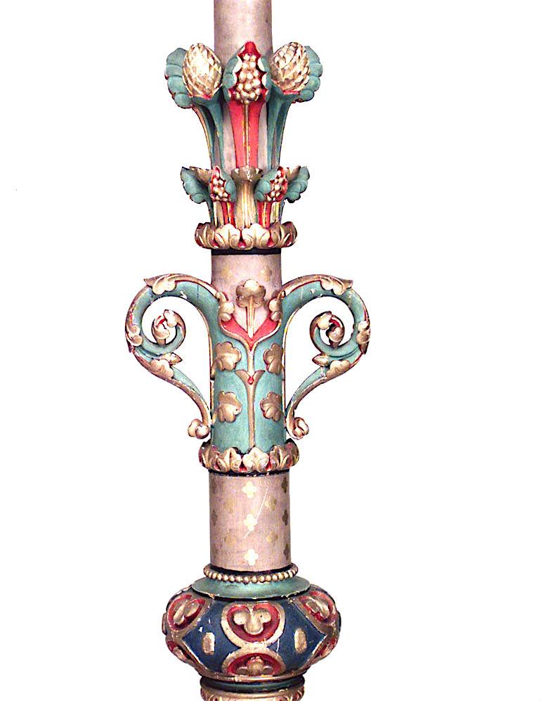 Monumental Gothic-style (possible English Aesthetic Movement) (19th Century) painted and decorated carved  altar style candlestick.
