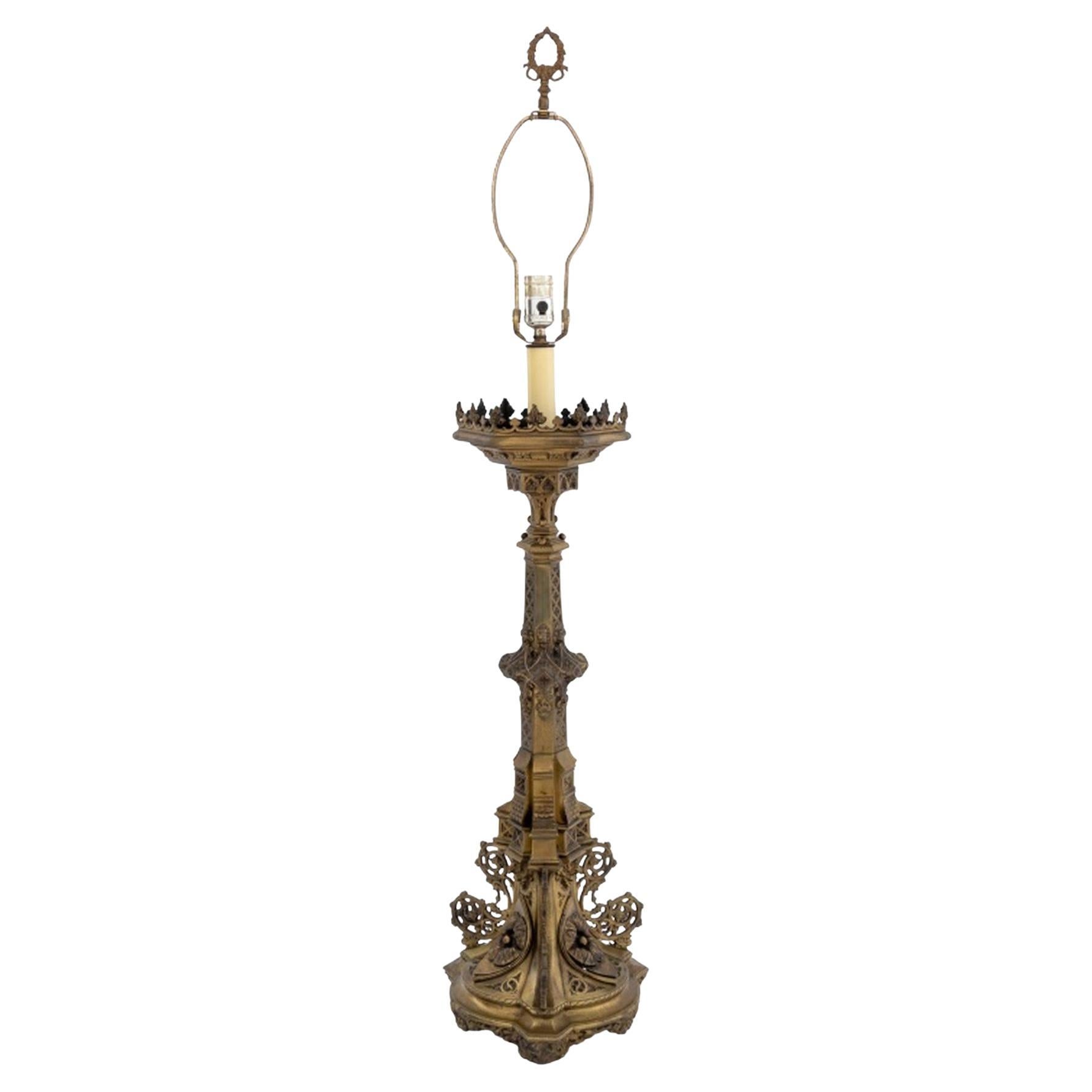 Gothic Style Brass Altar Candlestick as Lamp