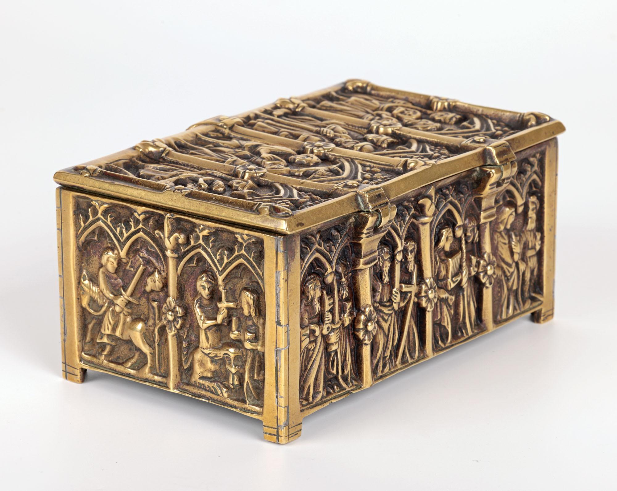 Gothic Style Brass Jewellery Casket with Religious Panels For Sale 4