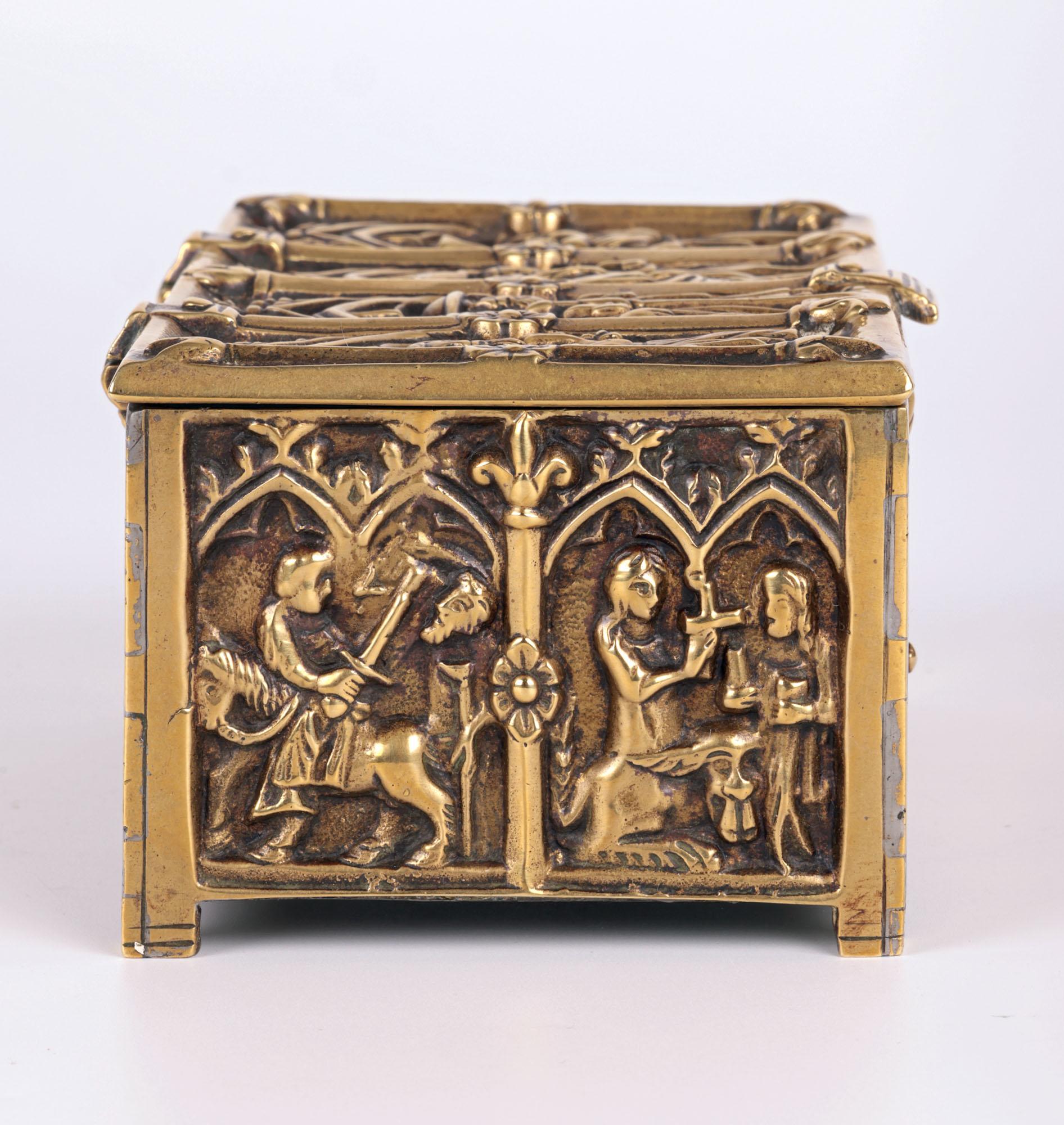 Gothic Style Brass Jewellery Casket with Religious Panels For Sale 6