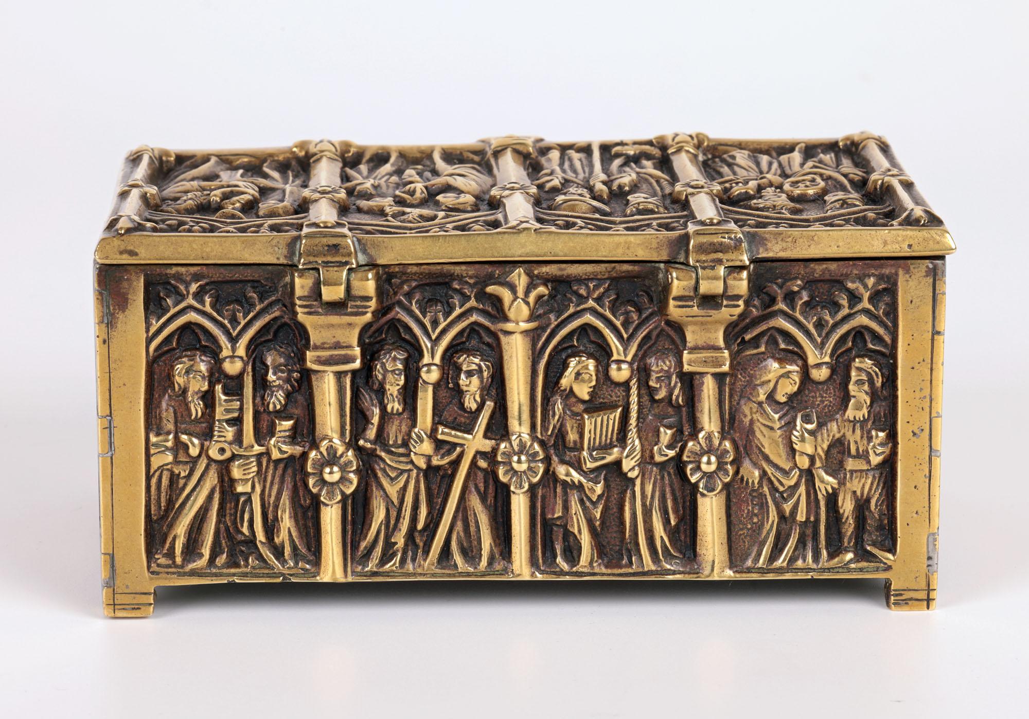 Gothic Style Brass Jewellery Casket with Religious Panels For Sale 9