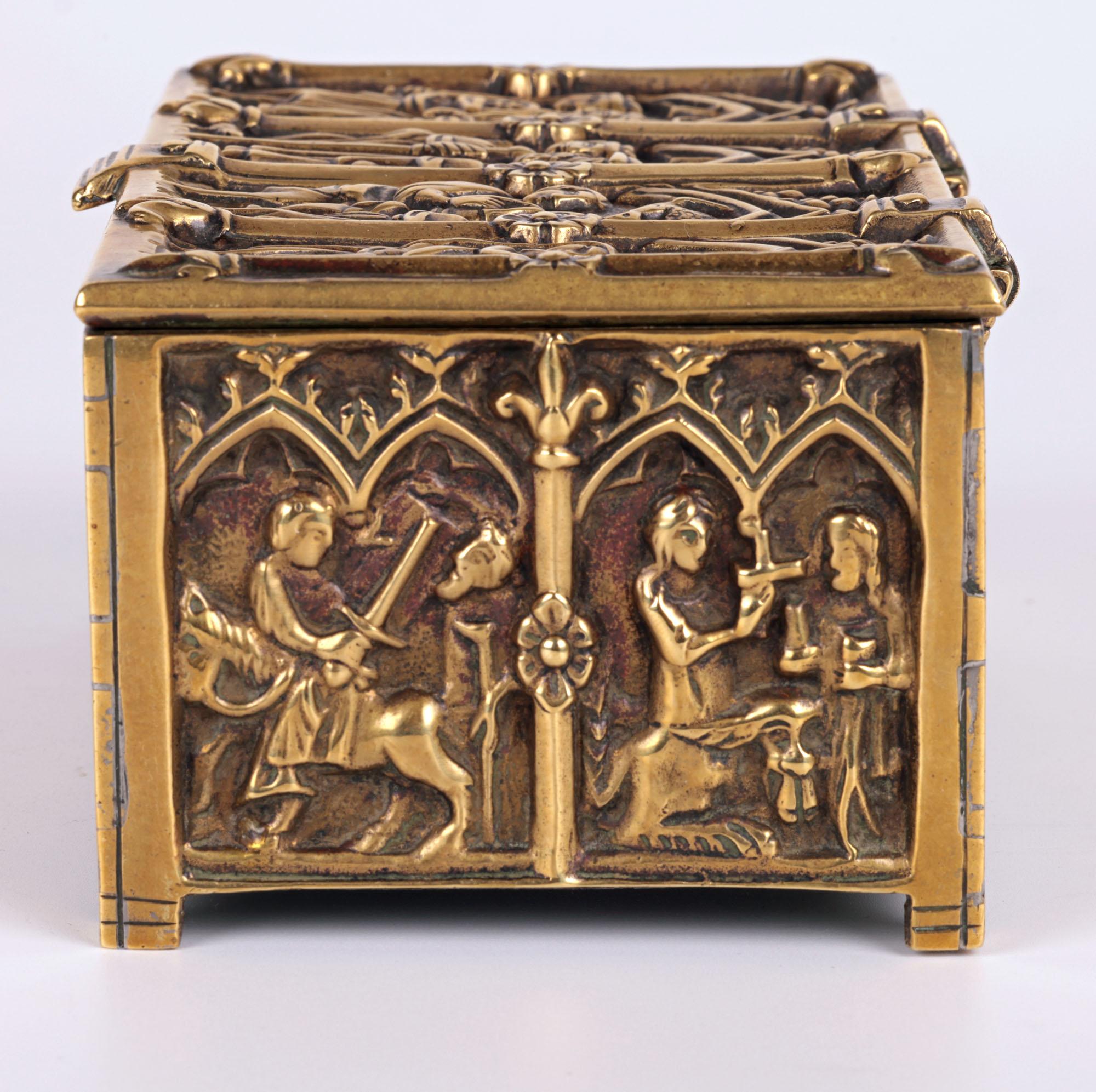 Hand-Crafted Gothic Style Brass Jewellery Casket with Religious Panels For Sale