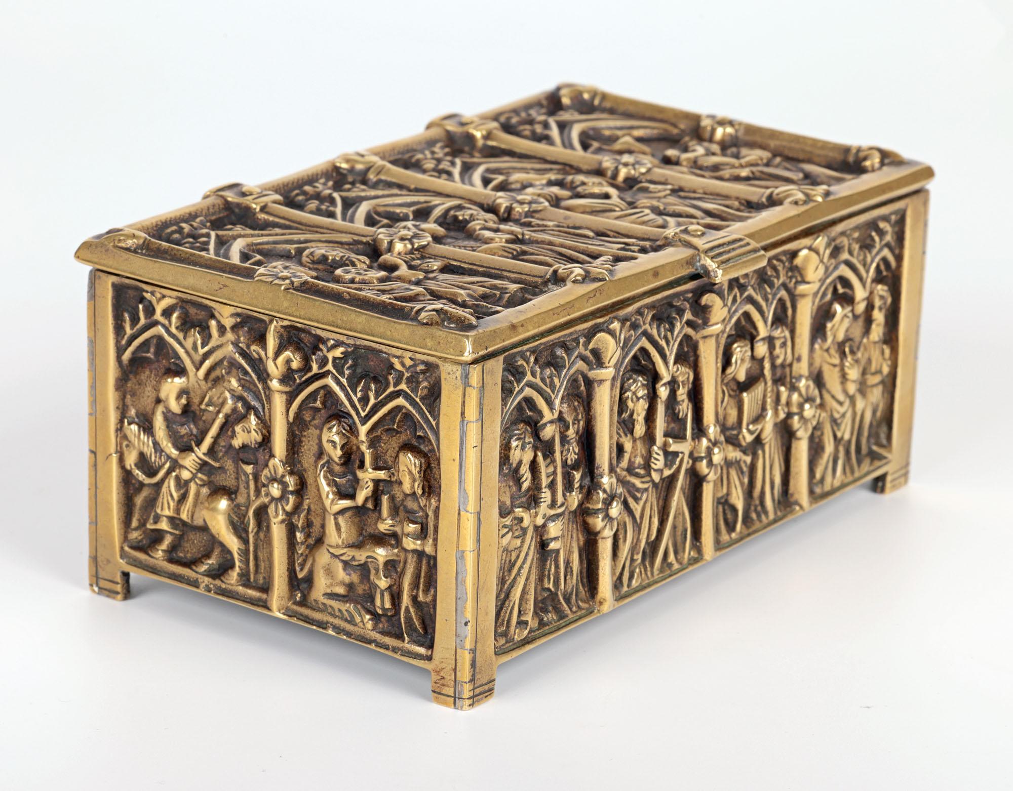 Gothic Style Brass Jewellery Casket with Religious Panels In Good Condition For Sale In Bishop's Stortford, Hertfordshire