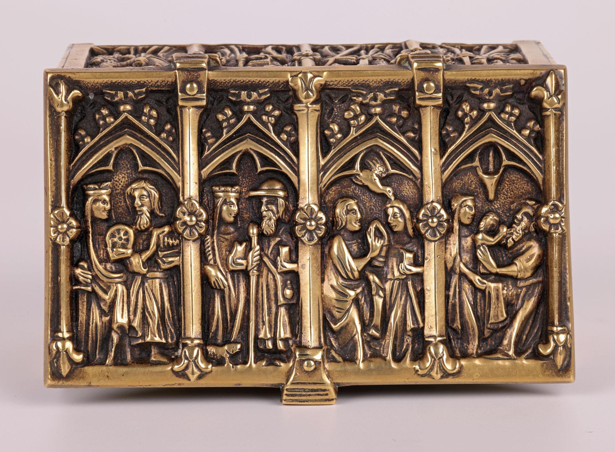 Gothic Style Brass Jewellery Casket with Religious Panels For Sale 1