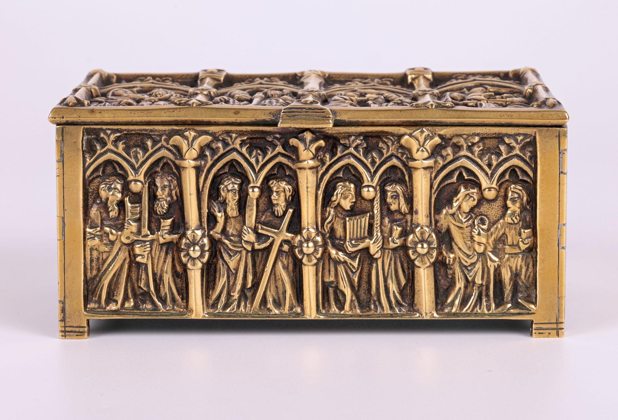 Gothic Style Brass Jewellery Casket with Religious Panels For Sale 3