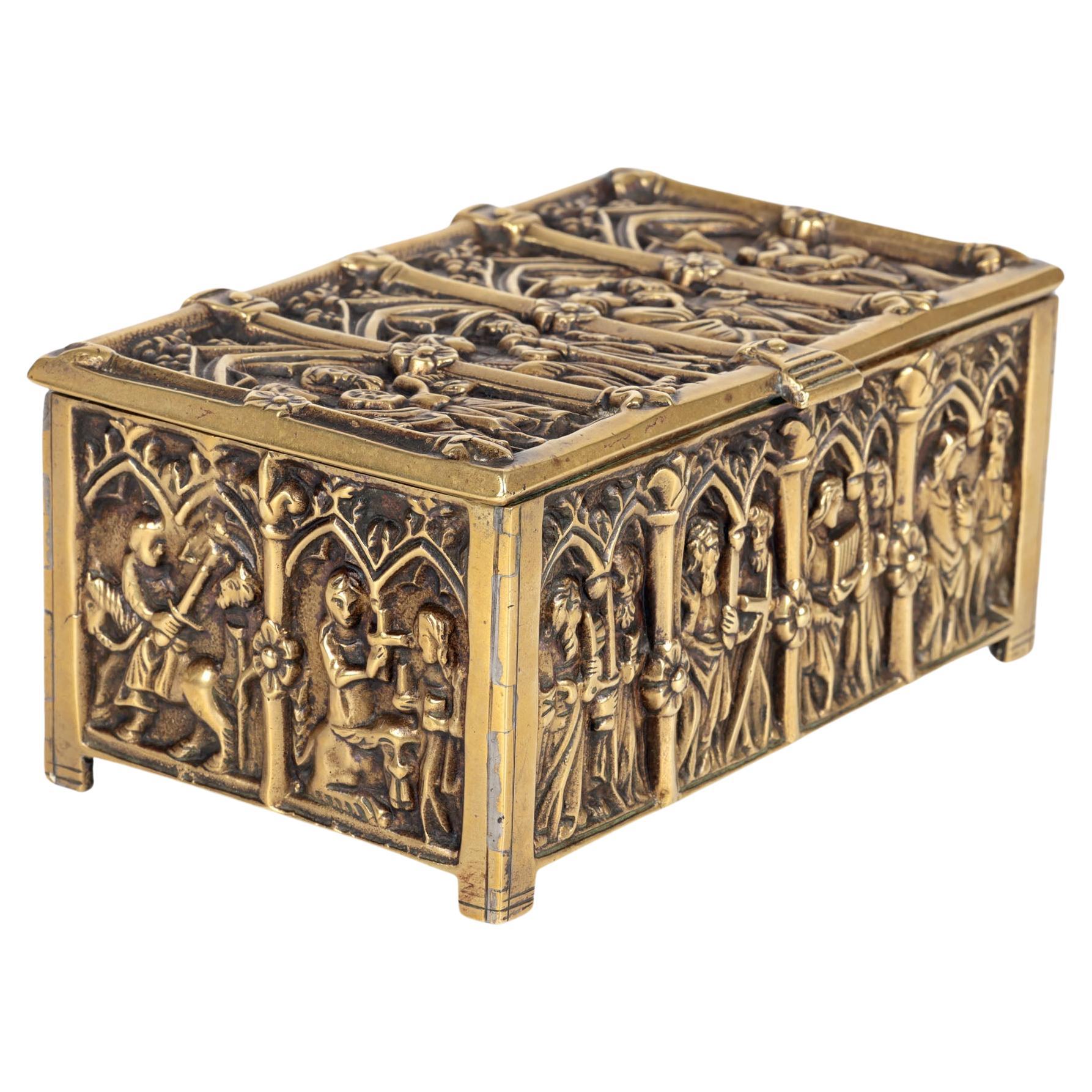 Gothic Style Brass Jewellery Casket with Religious Panels For Sale