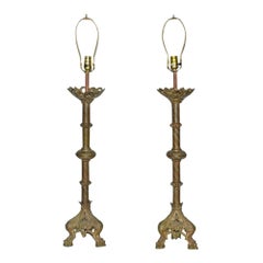 Gothic-Style Brass Lamps, Pair