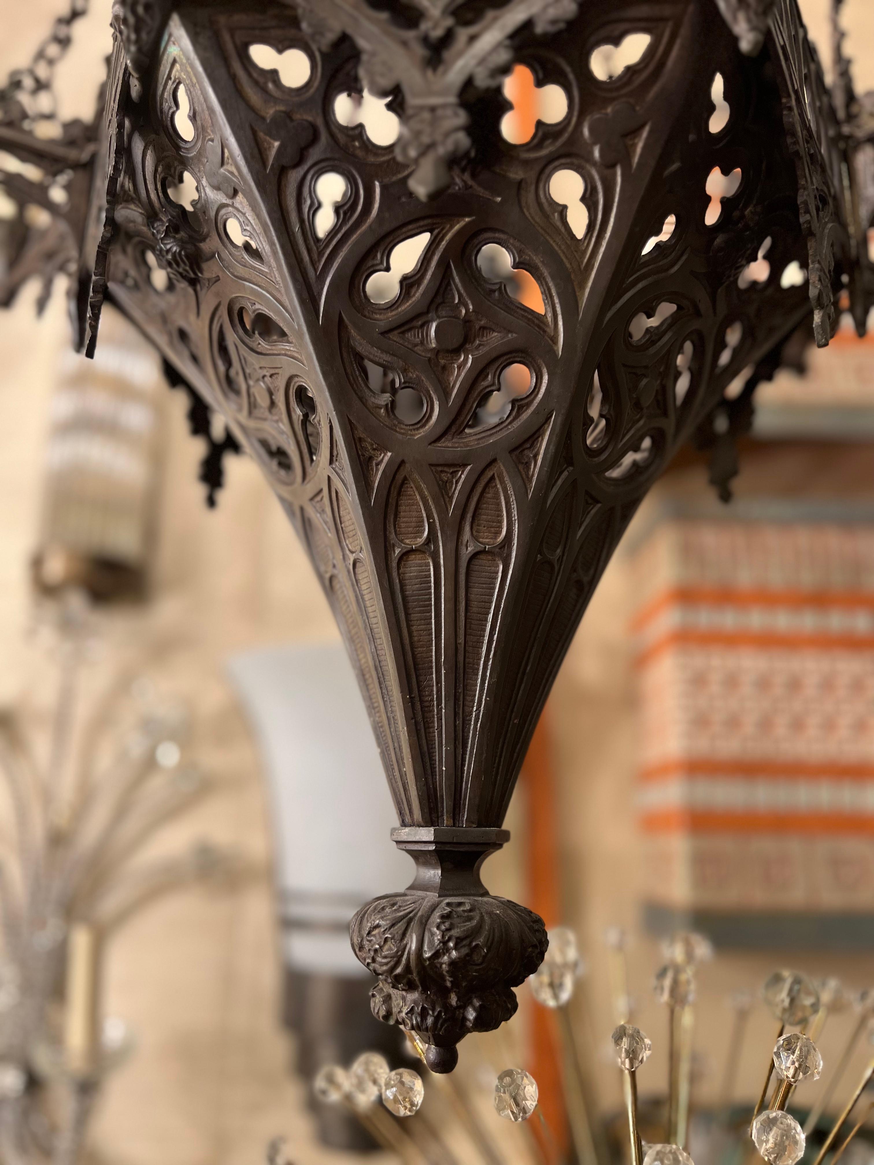 Patinated Gothic Style Bronze Chandelier For Sale