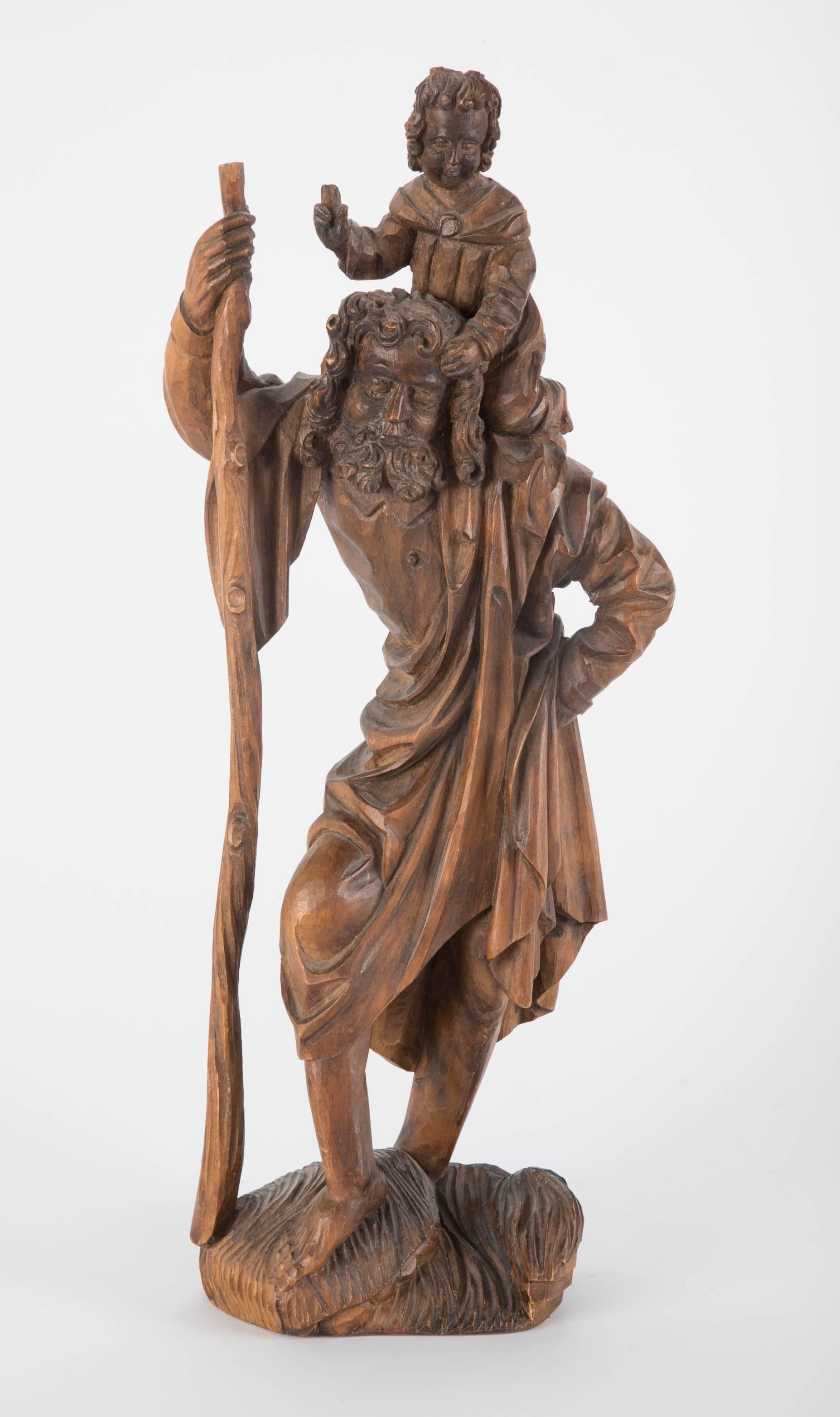 Gothic Style German Black Forest Carving of Saint Christopher In Good Condition In Stamford, CT