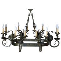 Gothic Style "Dragon" Chandelier and Two Sconces, France, circa 1940s