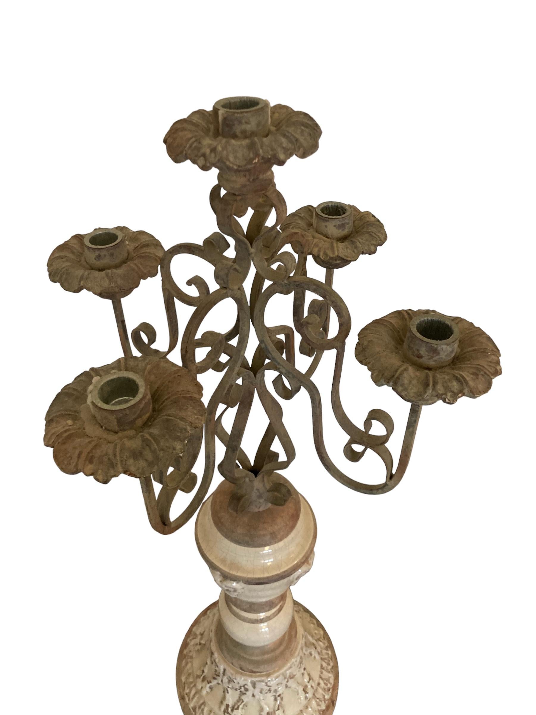 Gothic Style Five candle candelabra wrought iron with ceramic base from Germany For Sale 1