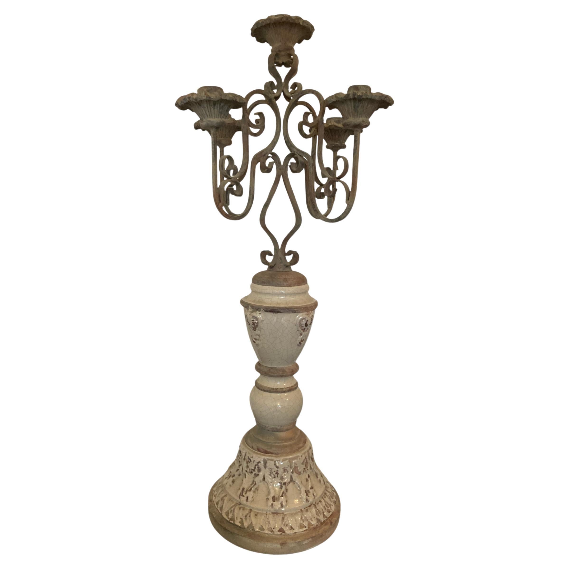 Gothic Style Five candle candelabra wrought iron with ceramic base from Germany