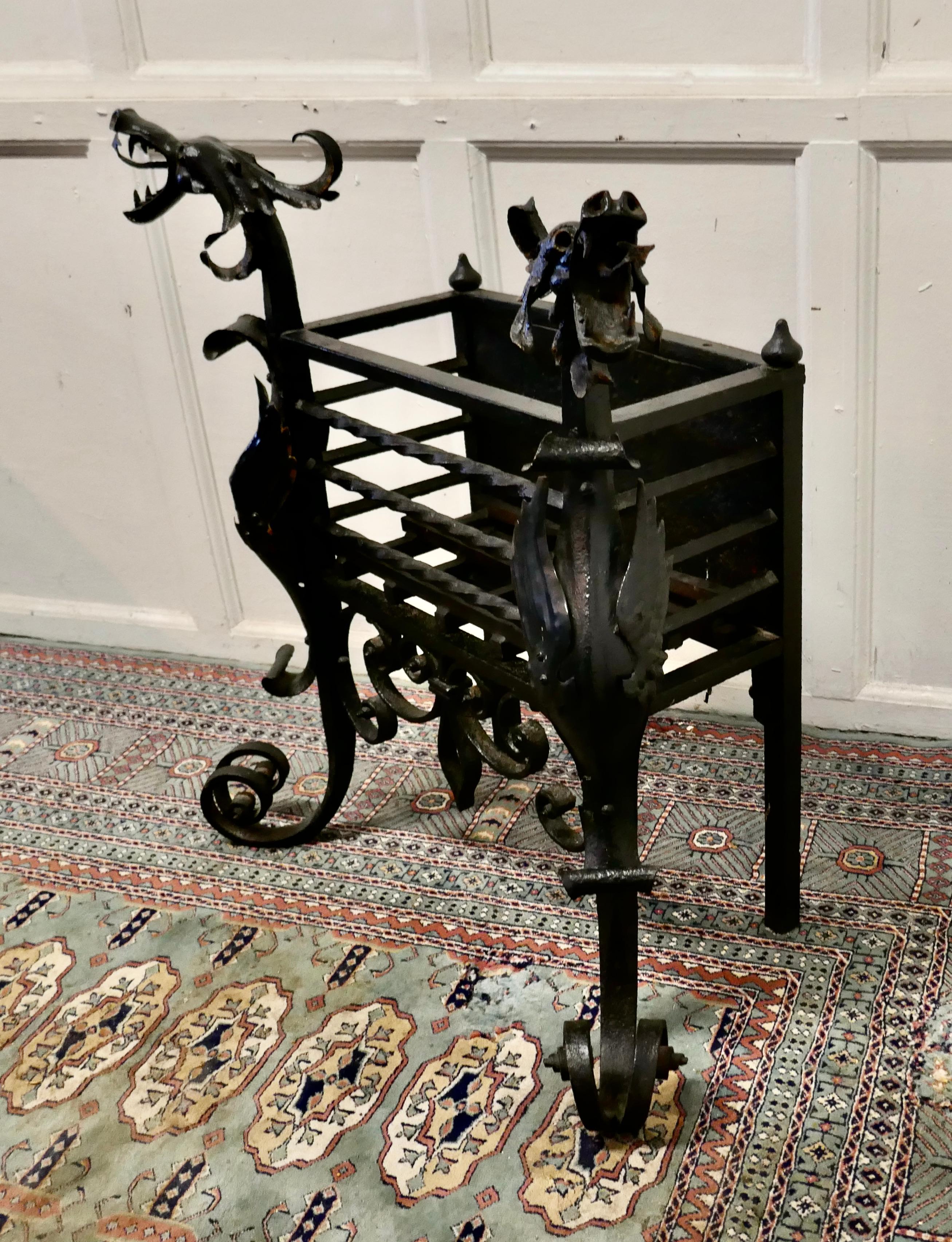 20th Century Gothic Style Free Standing Tall Fire Basket, Grate for Inglenook  For Sale