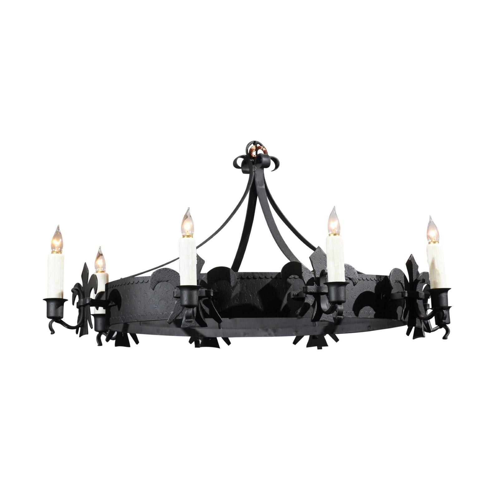 Gothic Style French Oval Wrought-Iron Eight-Light Chandelier with Fleurs-de-Lys For Sale